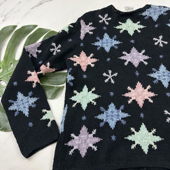 Talbots Womens Vintage 90s Snowflake Cardigan Sweater Size L Black Blue Holiday - Picture 11 of 12